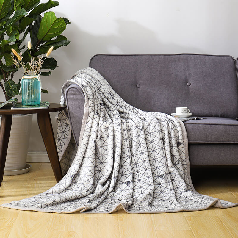 RKS-0029 Geometric Throw Blanket Bed Throws Grey Light Plaid Flannel BlanketFor Bedroom Cozy Throw