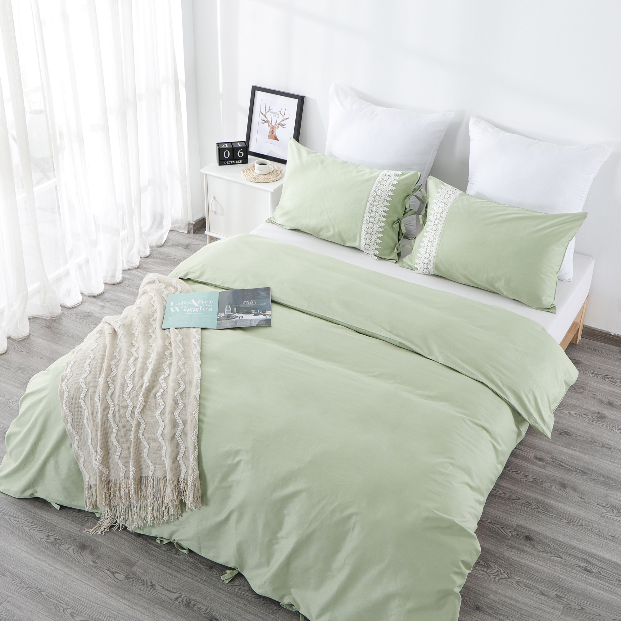  RKSB-0283 Elegant Lace Decoration Design 100% Cotton Duvet Cover Set Bed Sheet Flat Sheet