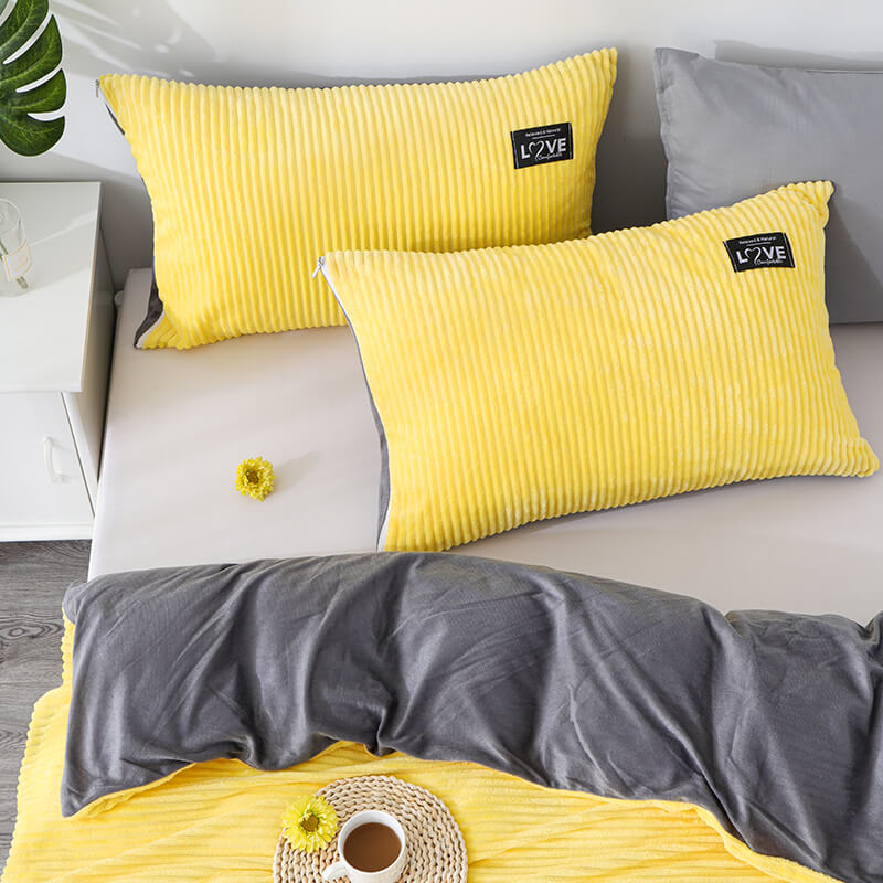 RUIKASI RKSB-0348 Yellow Stripes 100% Microfiber Fleece Bedding Sets Duvet Cover Set