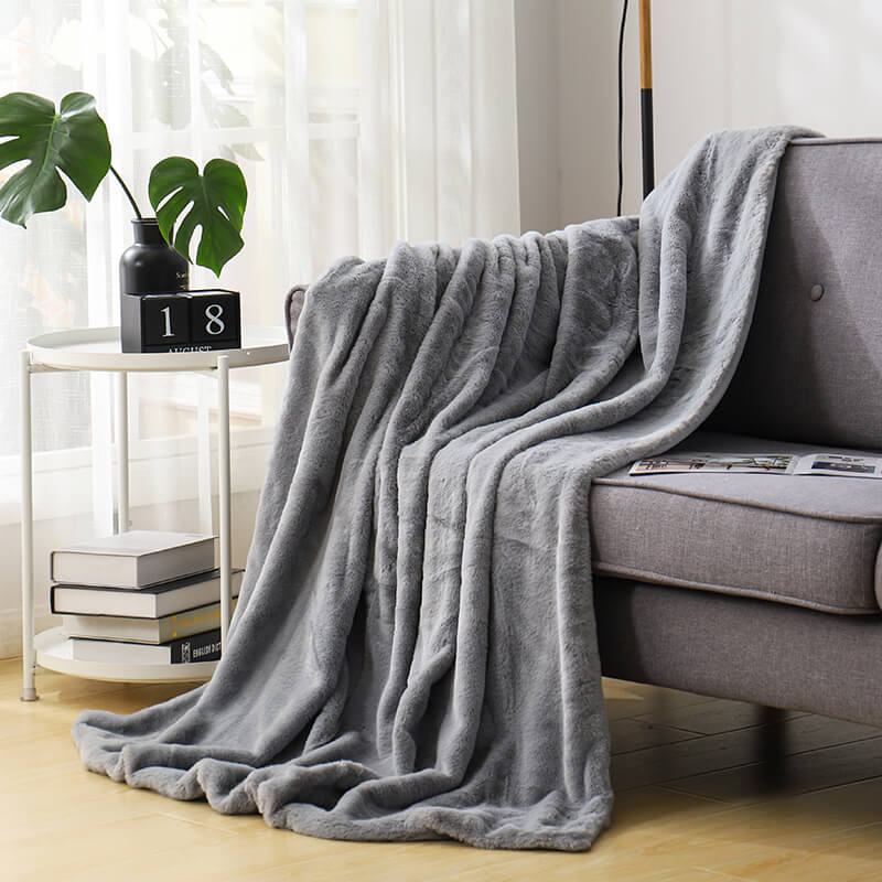 RKS-0266 Solid 50 x 60 & 60 x 80 Inch Reversible Fake Rabbit Fur Throw Blanket With Back Soft Microfiber Throw