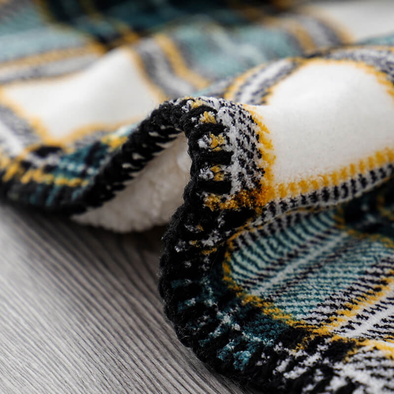 RKS-0159 Cozy Warm Turquoise Strip Grid Printing Flannel Sherpa Throw Blanket