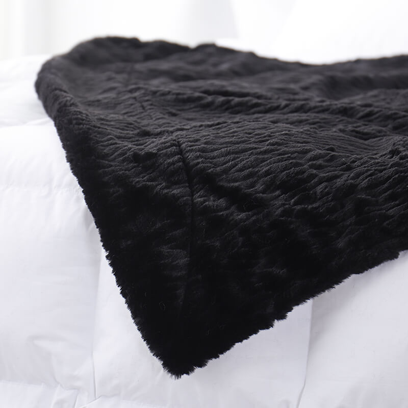RKS-0251 Solid Black Faux Fur Blanket with White Sherpa Back for Bedding Using