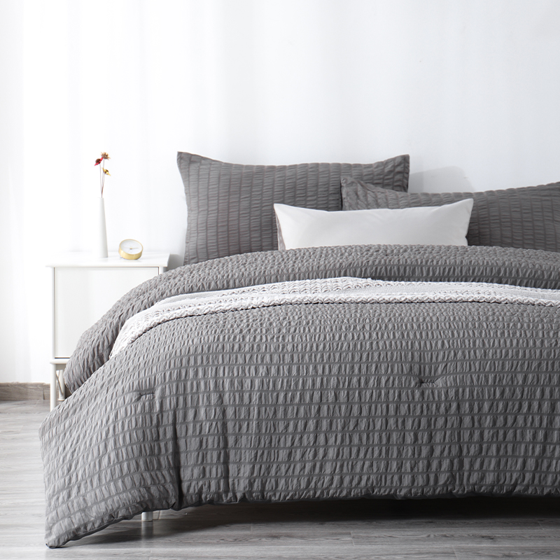 RUIKASI RKSDV-0285 Seersucker Quilt with 2 Pieces Pillowcase Design Comforter Set Grey Duvet